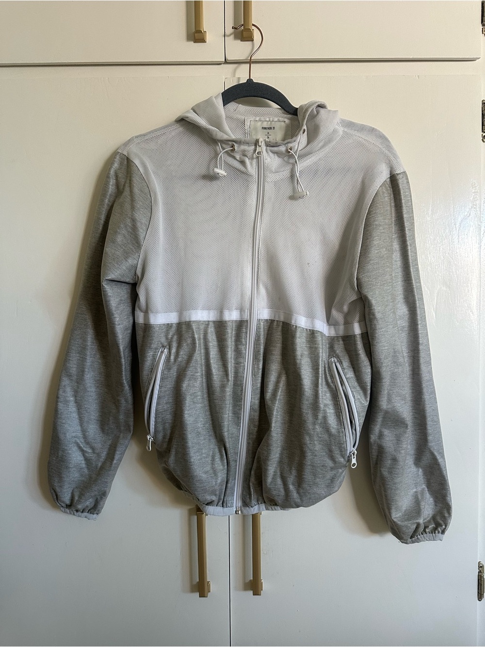 Forever 21 Light Gray and White Hooded Zip Bomber Jacket
